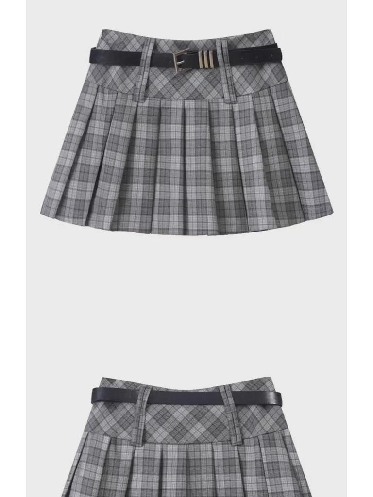 Women's American Retro Plaid High Waist Pleated Skirt - Early Autumn College Style, Anti-Exposure