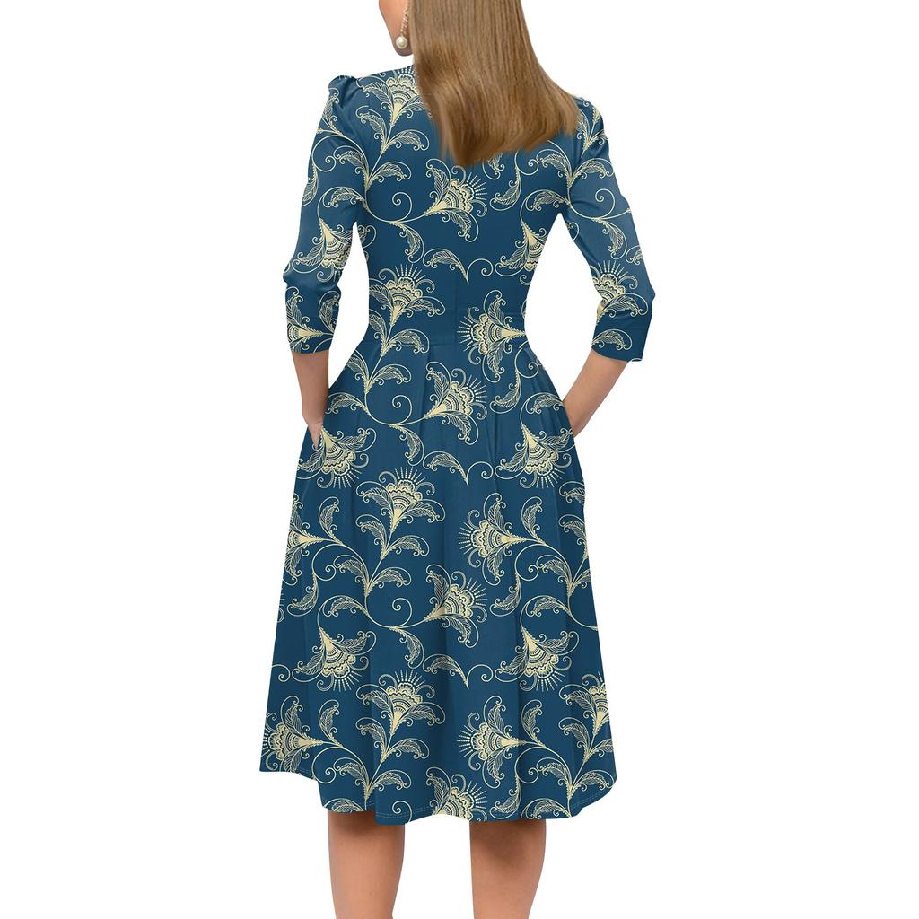 Lässiges und modisches Kleid für Damen mit Blumenmuster, 3/4-Ärmeln, Tasche und Reißverschluss auf der Rückseite