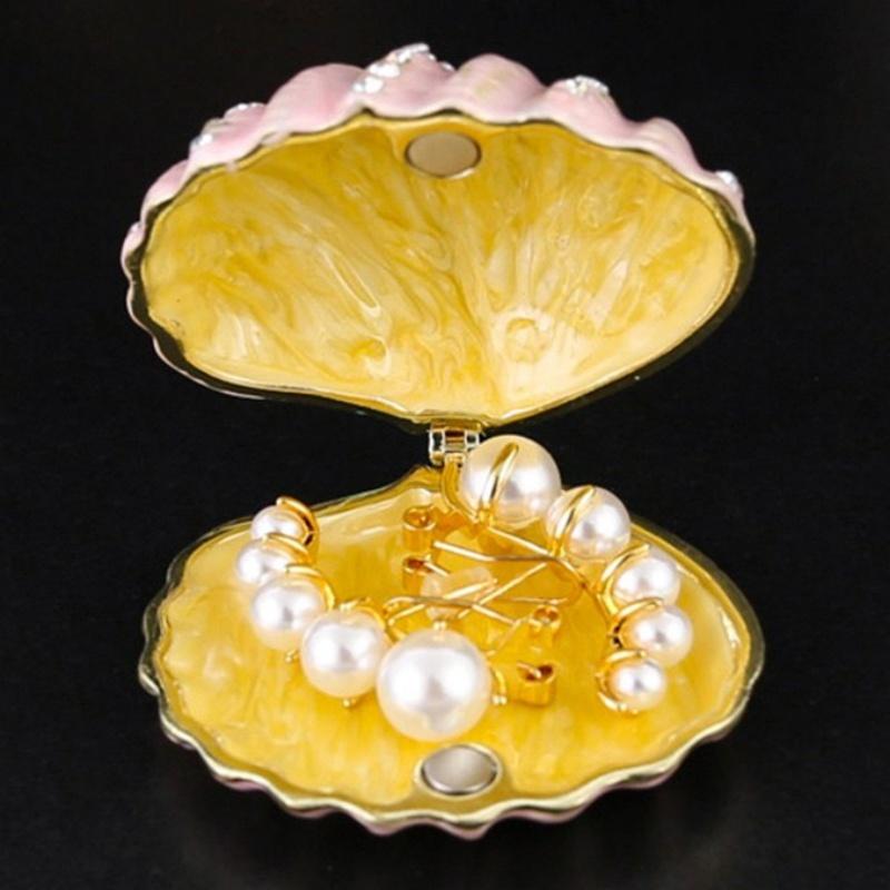Mini Jewelry Storage Box Inlaid Gem Organizer Shell Shape Portable Alloy Storage Earrings Ring Dresser Home Desktop Decorative