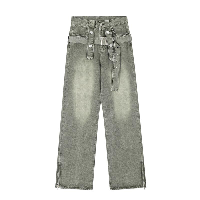 

Retro Black Niche Jeans Women s Belt Design With A Slit Wide Leg Straight Leg High Street Pants XL зелений