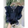 Weiße Blusen für Frauen Blusas Mujer De Moda Ärmellose O-Ausschnitt Lose Shirts Rüschen Lose Vintage Sommer Bluse Tops Weiblich