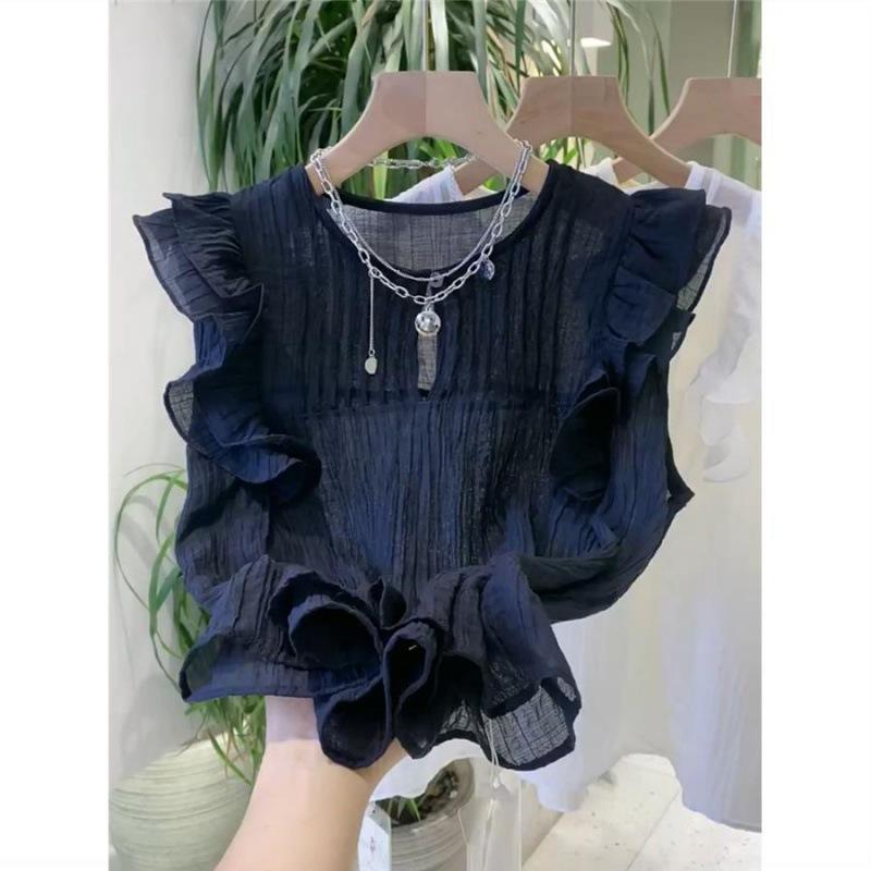 Witte Blouses voor Dames Blusas Mujer De Moda Mouwloos O-hals Losse Shirts Ruches Losse Vintage Zomerblouse Tops Vrouwelijk
