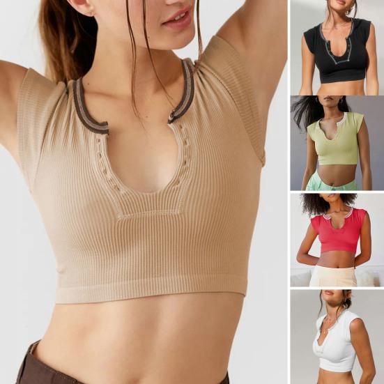 

Укороченный топ в рубчик с v-образным вырезом и летающими рукавами, женская облегающая однотонная летняя футболка, уличная одежда