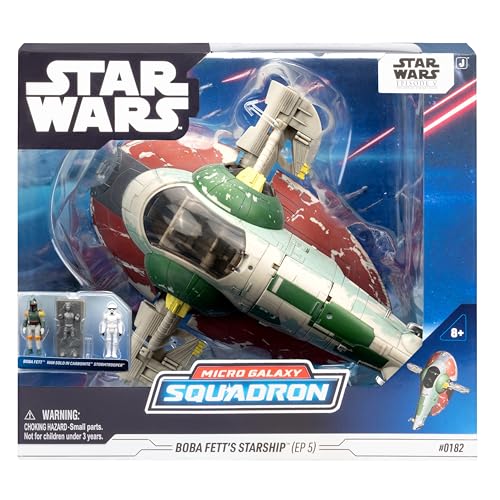 Star Wars Micro Galaxy Squadrons Boba Fett's Starship (Ep 5) - 7-inch Vehicle with Flight Display Stand and Three 1-inch Microfigure Accessories