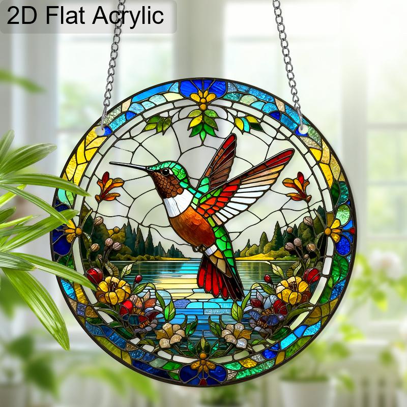 Acrylic Hummingbird & Floral Landscape Suncatcher Stained Glass Effect Window Hanging Ornament Bird Lover Gifts