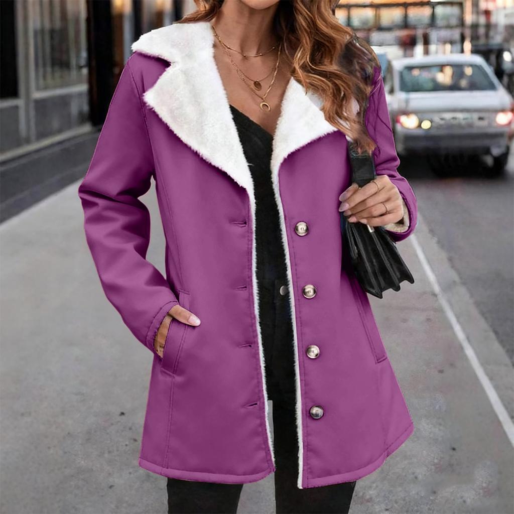 Damski modny płaszcz o średniej długości z kołnierzem z polaru w jednolitym kolorze o kroju oversize