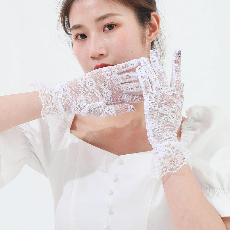 

Adult Mesh Gloves Summer Women Wedding Gloves Elbow Finger Fishing Net Lace Five-finger Gloves White