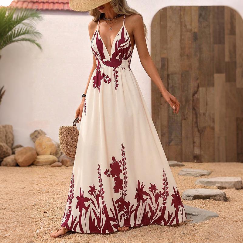 Women's Fashion Summer Spring Flower Pattern Print Sleeveless V-Neck High Waist Casual Dresses