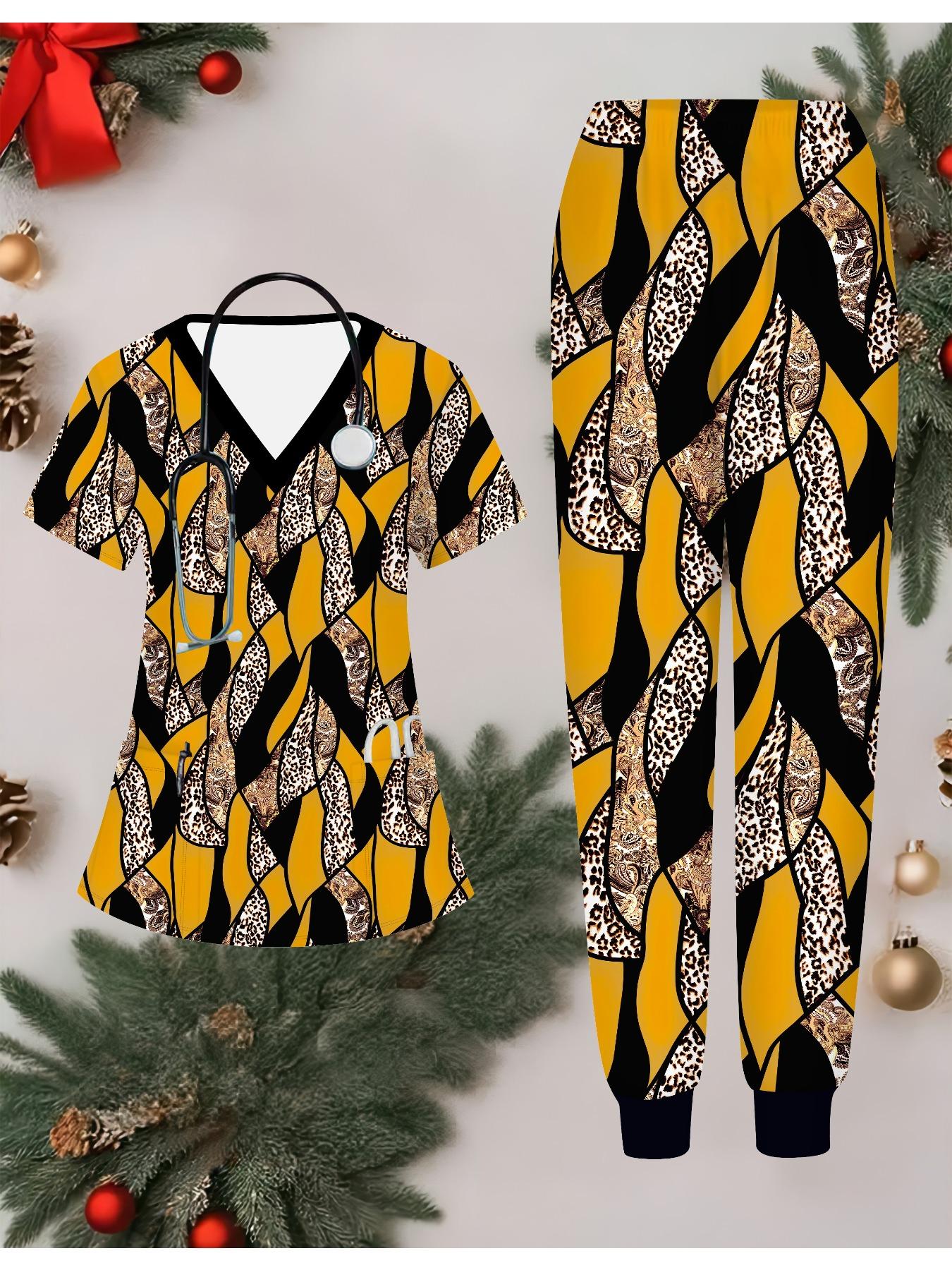 

Женский комплект медсестры с 3D геометрическим принтом, короткий рукав, длинные брюки с карманом, повседневный модный рождественский подарок XXL жёлтый