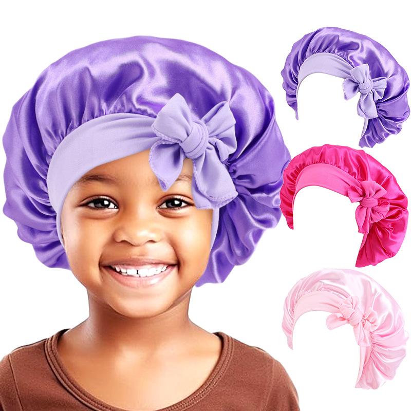 European and American popular wide-sided elastic streamer nightcap, children's bow solid color round hat home hat JDKB-21B