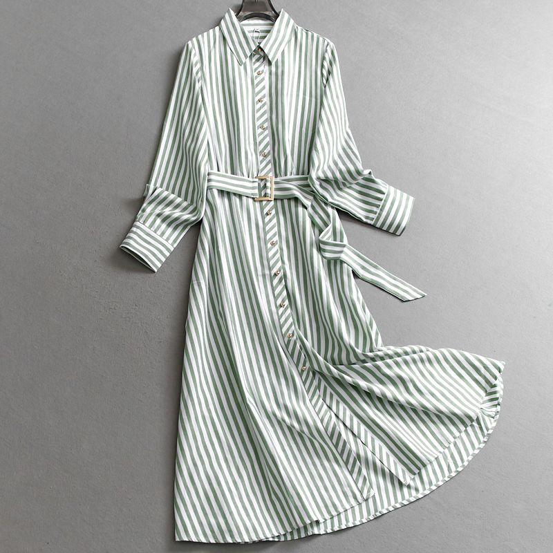 

Contrast Color Stripe With Belt Holiday Style Midi Dress Long sleeve Sun Protection Shirt Dress Summer New Women s Dress C378 Image color S