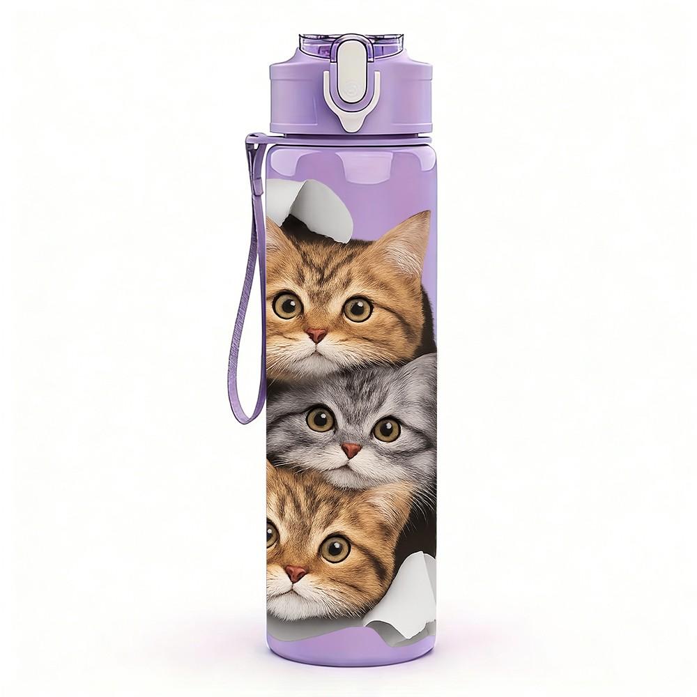 1PC Lazy Sleep Cat Pet Animal Pattern 750ml Color Plastic Sports Water Bottle Leakproof Flip Straw Lid Suitable for Sports Office Home Use