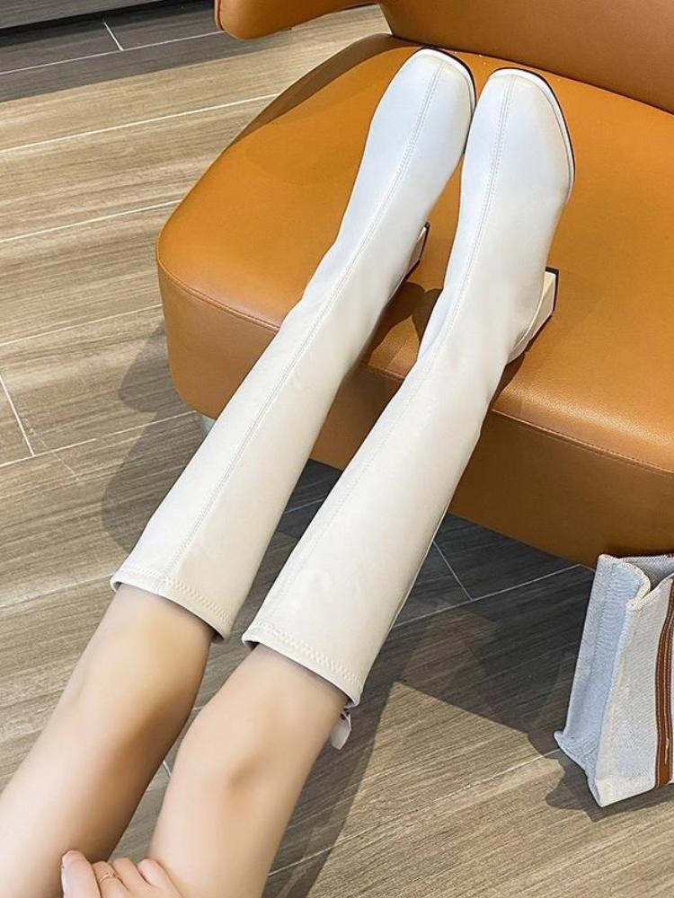 Middle Heel Knee High Shaft Shoes Woman Square Toe Leather Long Boots for Women Autumn Winter Goth New in 2025 Pu Footwear Sale