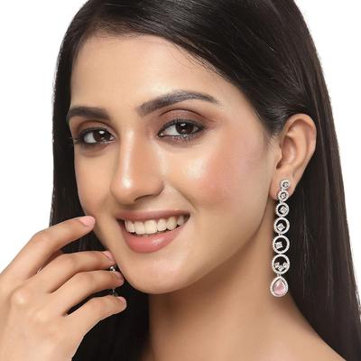 Oxidised Silver-Plated American Diamond Studded Circular Shaped Drop Earrings for Girls and Women