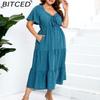 BITCED V-Neck High-Waisted Long Dress Short-Sleeve Plus Size Dress