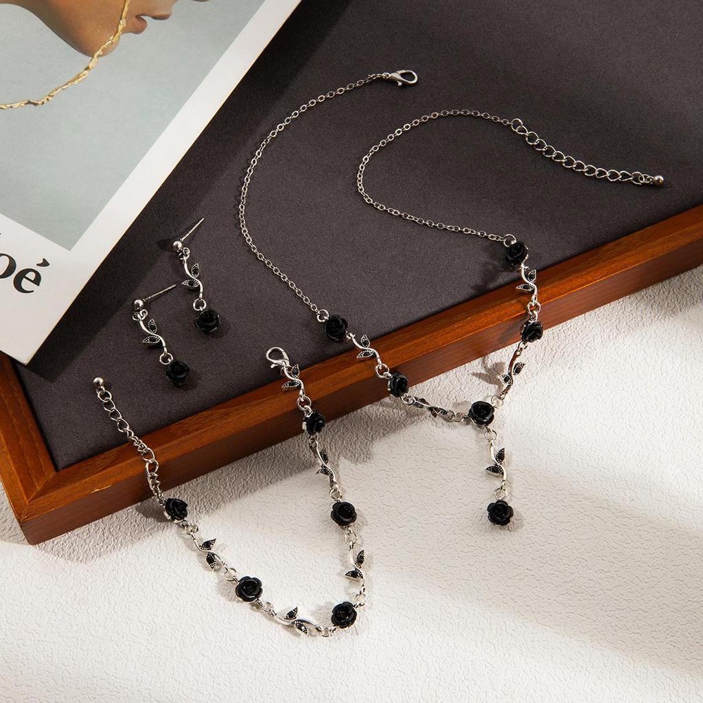 Elegant High-End Women's Retro Silver Fairy Jewelry Set: Black Knight Rose Earrings, Bracelet & Necklace
