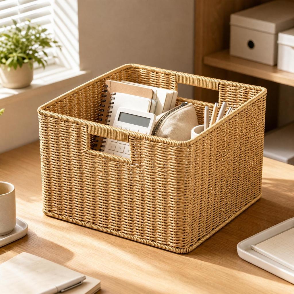 Lightweight Rattan Finish Storage Basket Organizer with Side Handles for