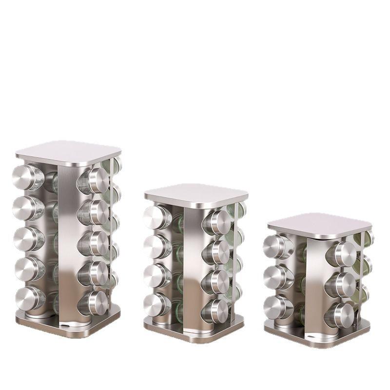 Otočný vícevrstvý nerezový kuchyňský stojan na koření s hliníkovou základnou a zaoblenými rohy