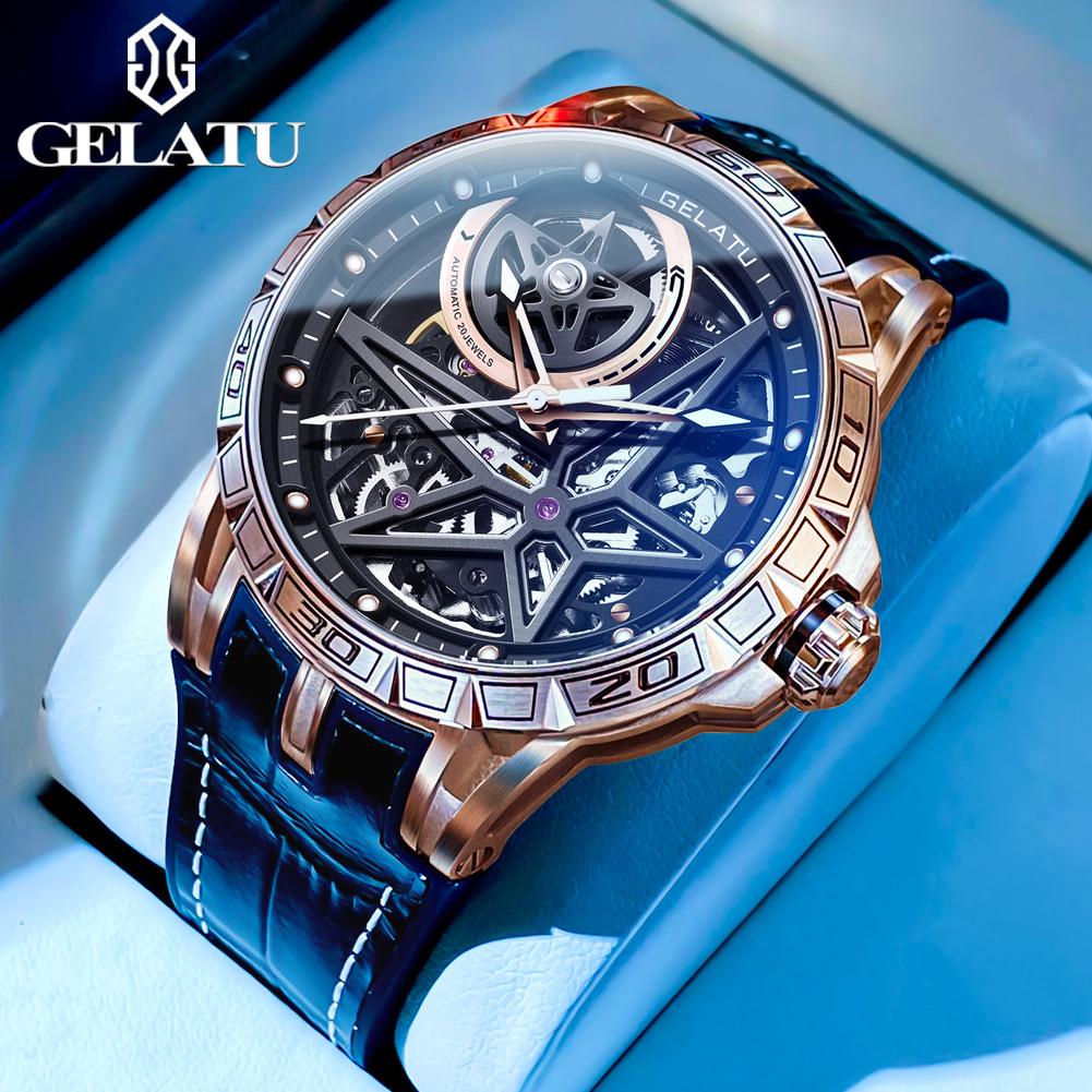 GELATU 6009 TOP Brand Men's Watches Skeleton Automatic Mechanical Movement Leather Strap Watch