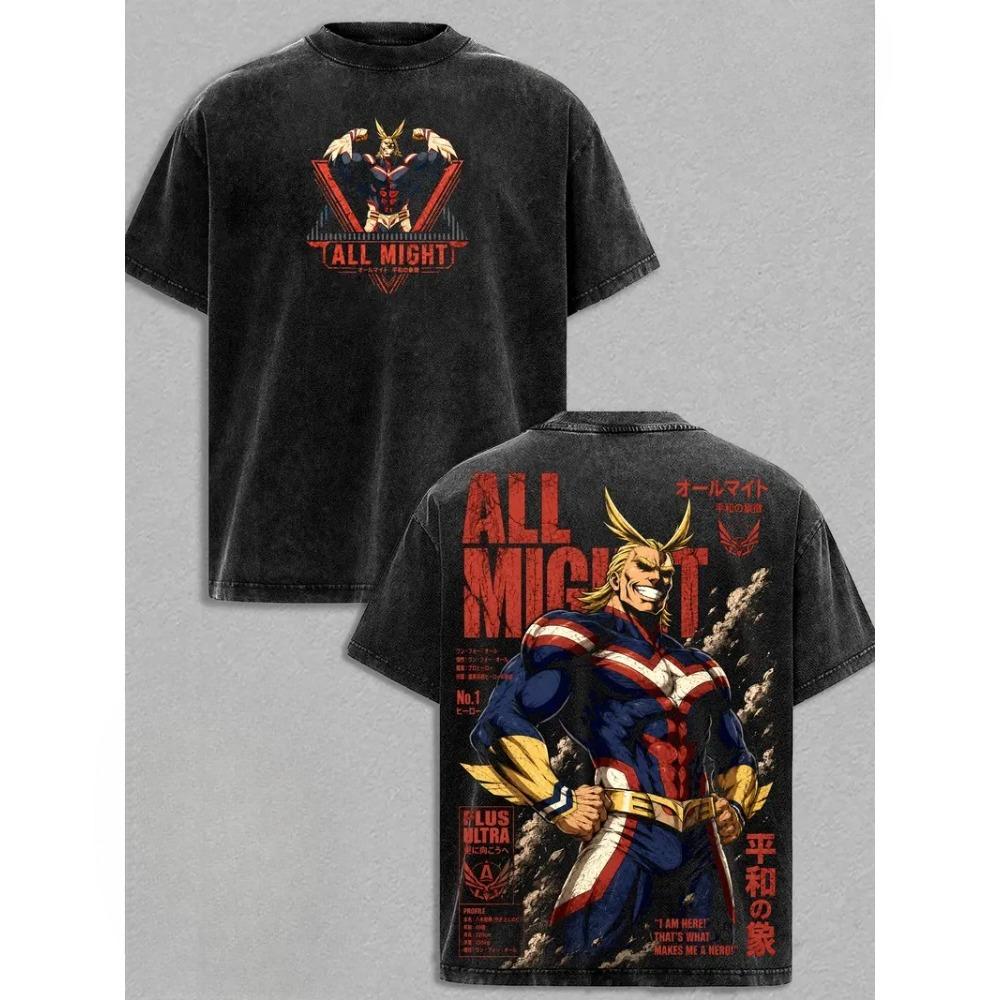 All Might Print T-shirt Anime My Hero Academia Clothing Men Women Cotton Tshirts Retro Washed T Shirt Harajuku Male Loose Tops
