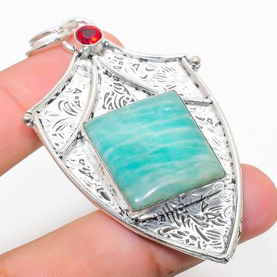 Natural Amazonite, Garnet Gemstone 925 Sterling Silver Pendant 2.84" O0u87