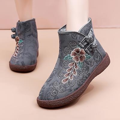 Women Winter Warm Fleece-Lined Ankle Boots,  Casual Round Toe Flat Heel Buckle Closure Flower Shoe