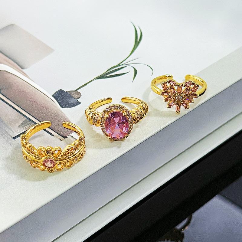 French Retro Temperament Pink Diamond Port Style Open Ring Female Cold Wind Niche High-End Feeling Stacked Index Finger Ring