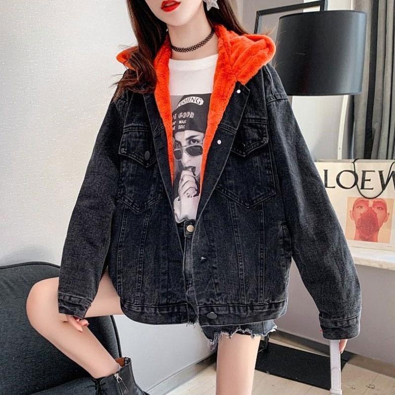 Zimní Silné Písmeno S Kapucí Džínové Bundy Ženy Patchworkové Ležérní Přidat Samet Džínové Kabáty Streetwear Volné Nadměrné Velikosti Teplé Svrchní Oblečení