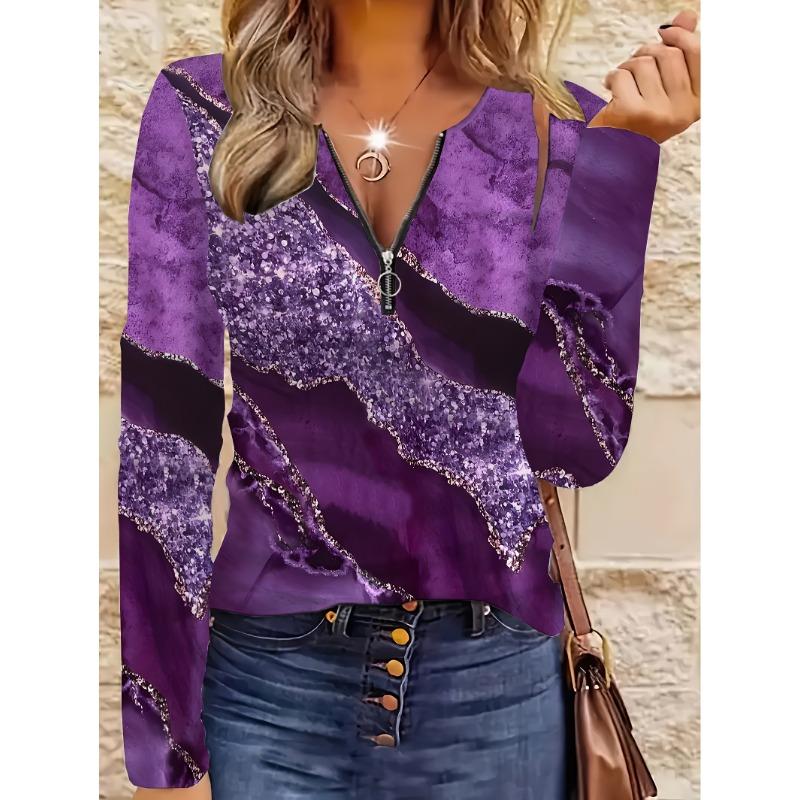 

Ladies Casual 3D Printed Long Sleeved Zipper Top, Comfortable and Fashionable Short Sleeved T-shirt L