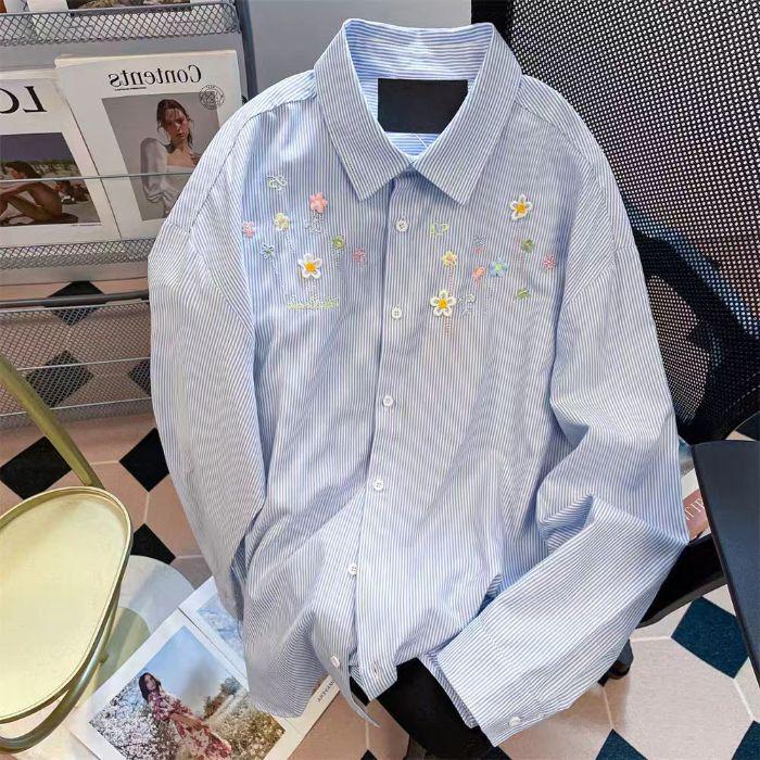 Женская корейская рубашка в полоску с длинным рукавом в милом стиле с вышивкой в виде ромашек - Осень/Зима Свободный крой M синий
