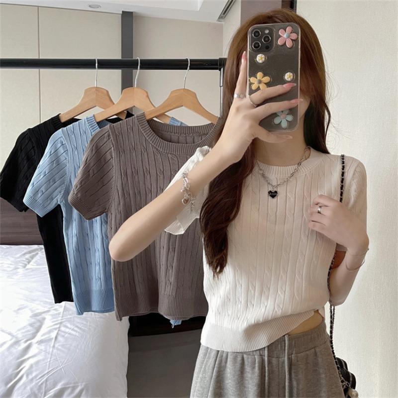 Vintage Crew Neck Short Sleeve Shirt Knitted Sweater Women's Thin Summer Design Slim Fit Short Student Top