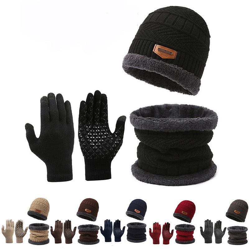 3Pcs Winter Fleece Thicken Windproof Hat Gloves Scarf Set Plush Warm Wool Knit Beanies for Men And Women