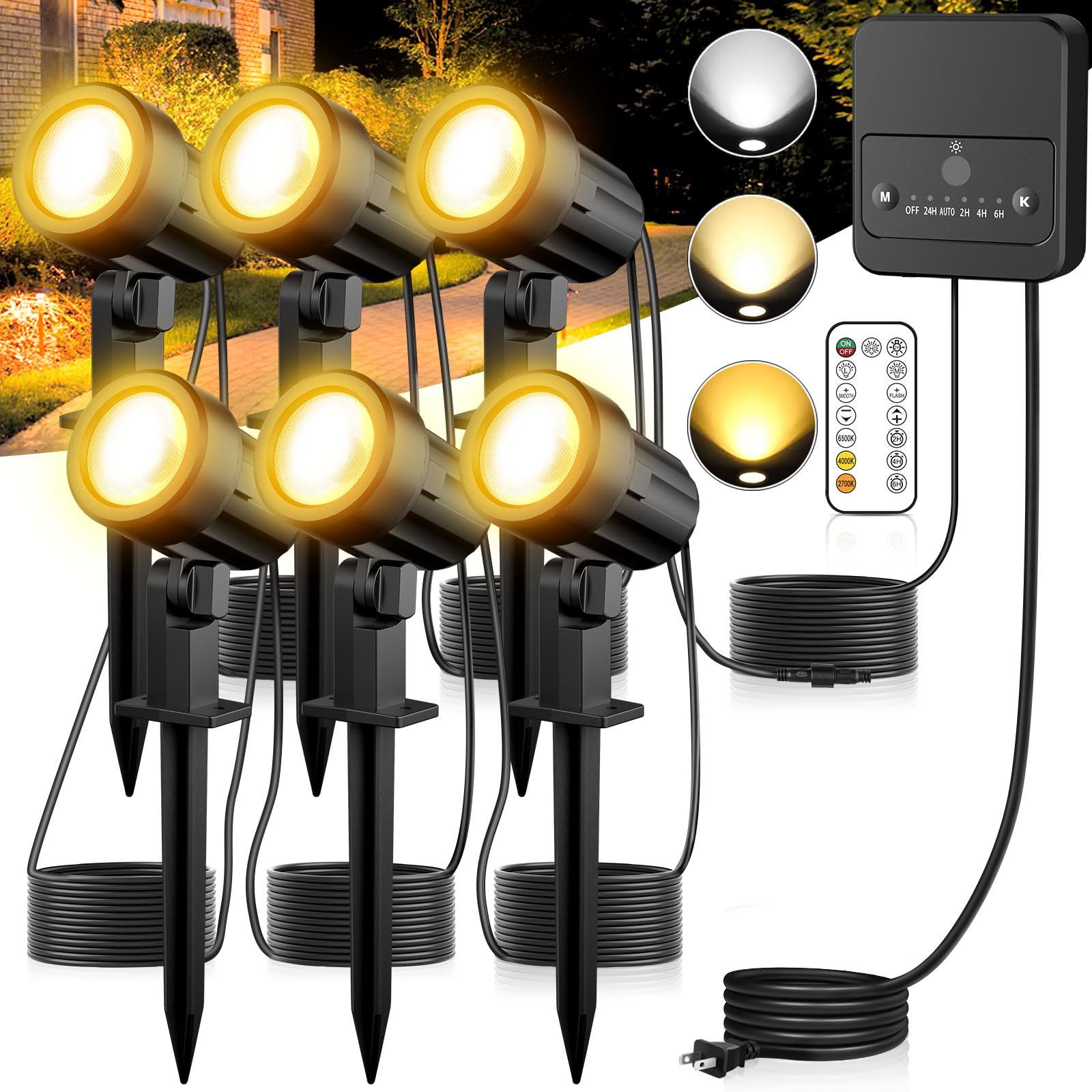 

MEIKEE Садовый прожектор, Набор из 6 светильников с пультом дистанционного управления, 2700K, 4000K, 6500K, Переключение 3 цветов, 3 уровня яркости, Датчик света, Автоматическое включение/выключение,