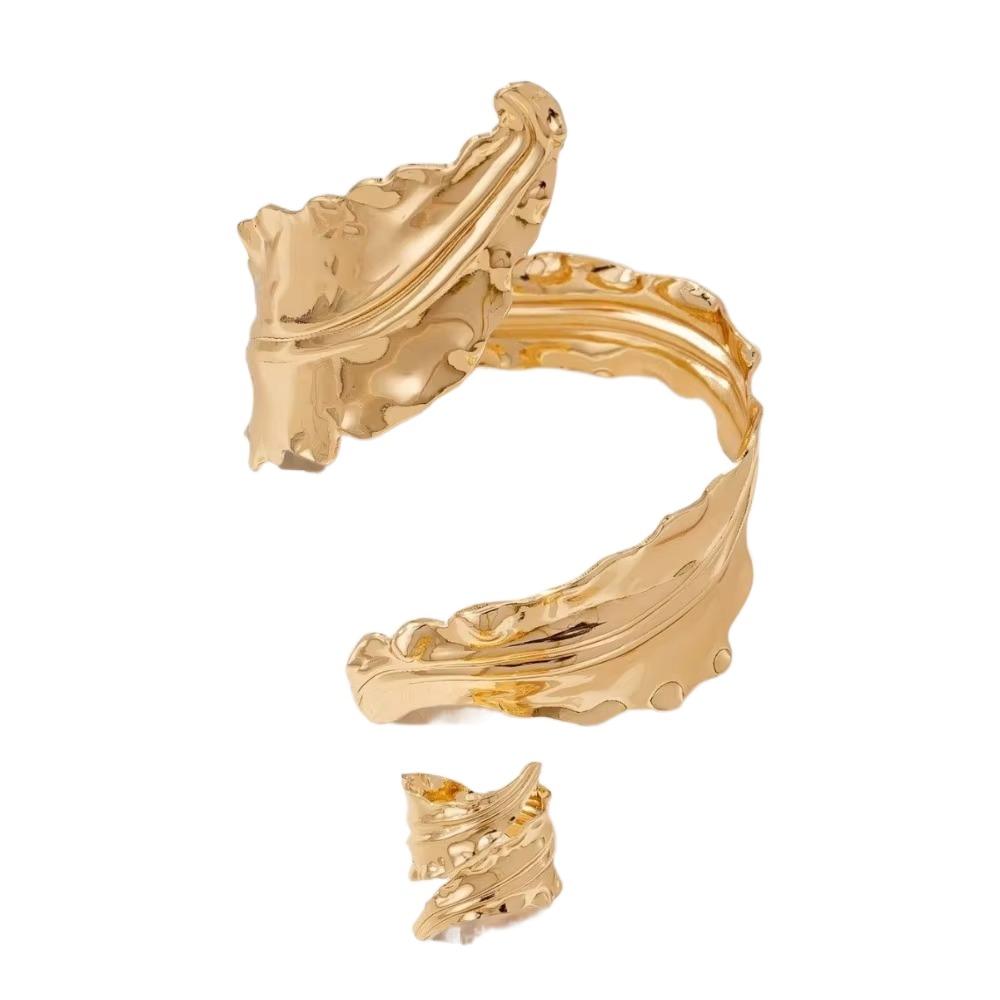 Spiral Opening Pleated Leaf Bracelet Gold Jewelry Accessories 2025 Ring Set  For Women Girls