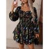 Plus Size Women S Long Sleeve Square Neck High Waist Floral Print Dress
