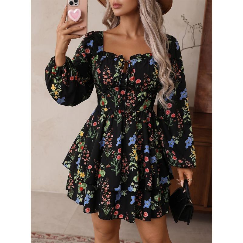 Plus Size Women S Long Sleeve Square Neck High Waist Floral Print Dress