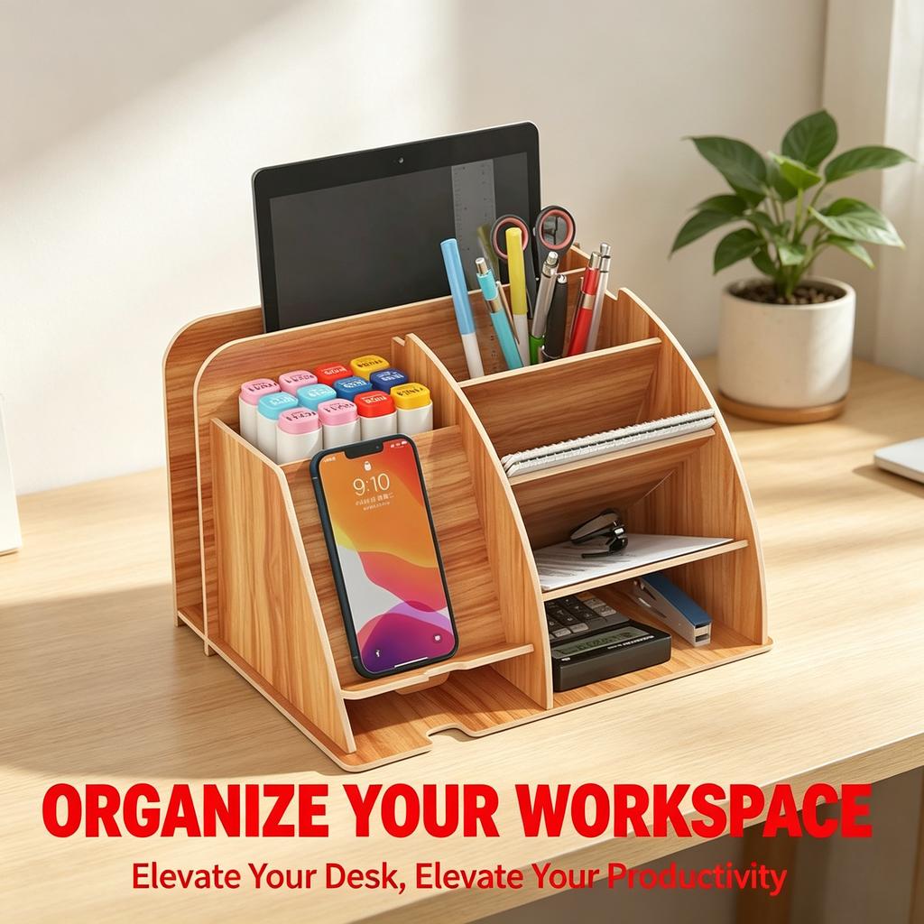 Organizador de escritorio de madera para teléfono móvil papelería y accesorios de oficina