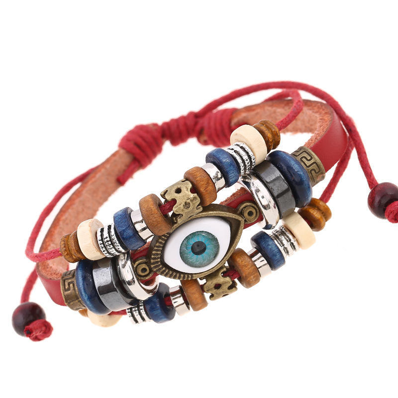 1pcs Couple Pull Adjustable Bracelet, Beaded Eye Leather Bracelet, Cowhide Handmade Jewelry