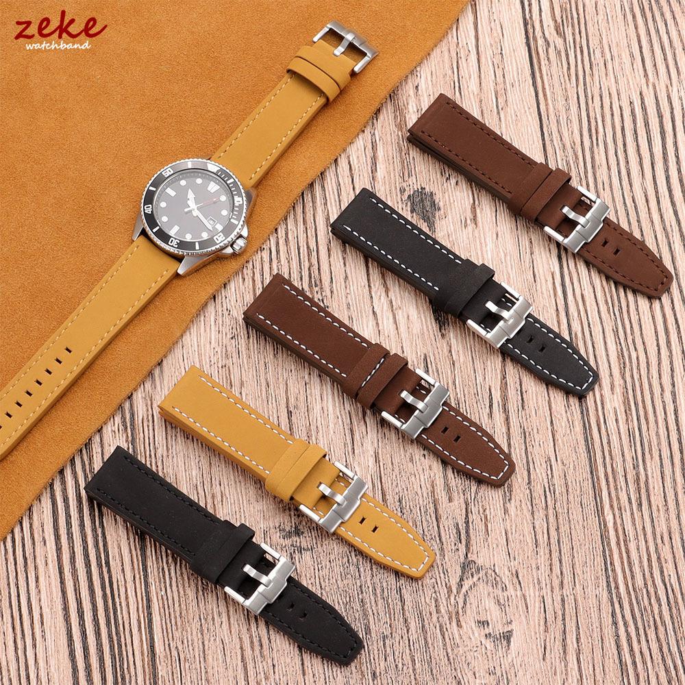 Vintage Matte Genuine Leather Watch Band for Omega for Rolex 18/20/22/24mm Black Brown Thick Straps Stitching Cowhide Wrist Belt