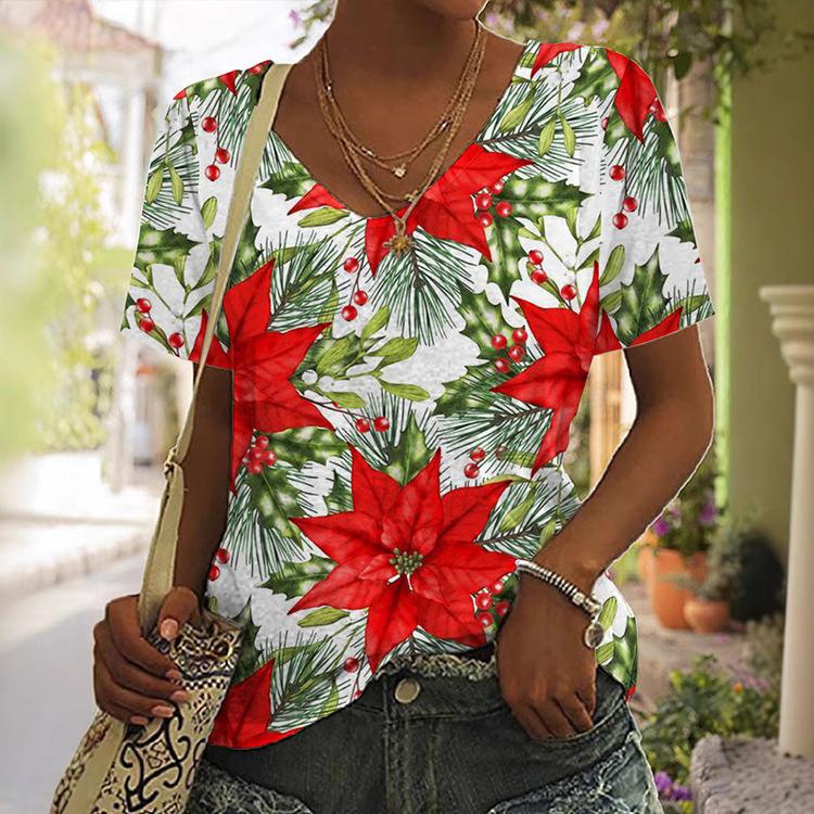 Summer Women's New Short Sleeved V-neck T-shirt Leisure Versatile Four Leaf Clover Fashionable Breathable Loose T-shirt