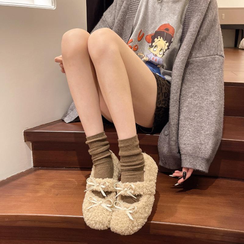 Autumn and winter new bow wool shoes women s shallow plush beanie shoes flat soft-soled grandma cotton shoes to keep warm 40 3060₽