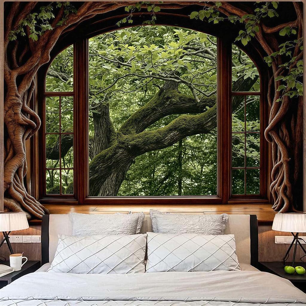 Forest Window Tapestry, Nature Outdoor Tree Wall Backdrop, Woodland Scene Large Mural For Bedroom Living Room Office Decor