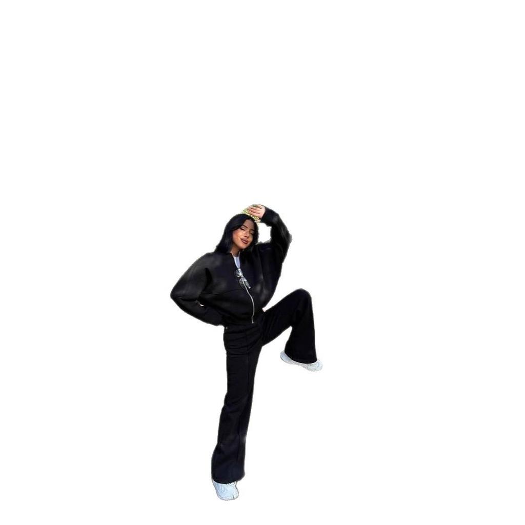 Women's Grey Cropped Zipper Hoodie and Loose Fit Sweatpants Casual Lounge Set