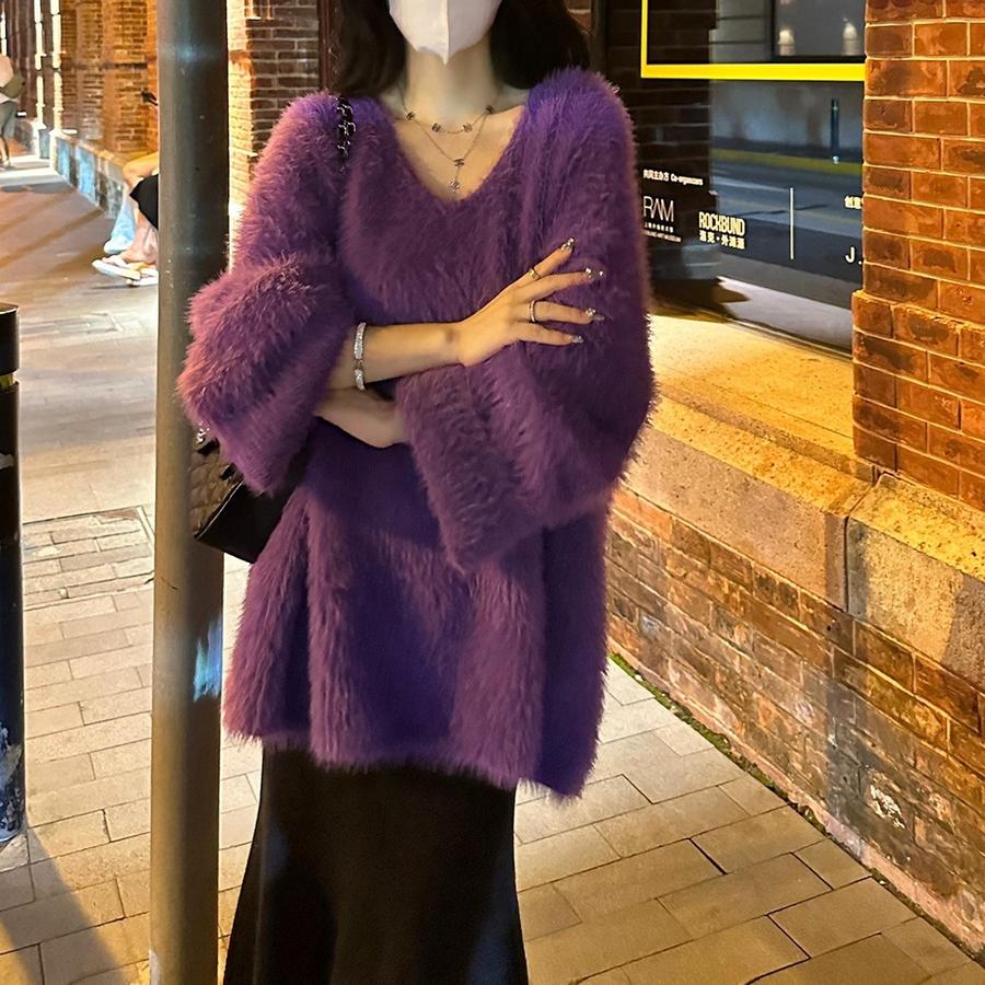 Autumn V-Neck Loose Lazy Style Faux Fur Coat Women's New Purple French Style Fashion Korean Top