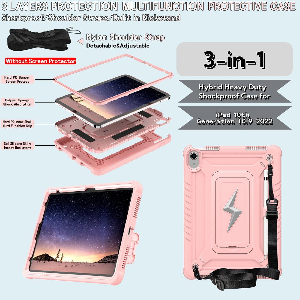Pro iPad (2025)/10,9 (2022) Pouzdro s opěrkou PC + Silikonový kryt na tablet s ramenním popruhem
