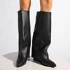 Fashion Women's Sexy Pointed Toe Knee High Boots 2025 Fashion Black Wedge Heel Long Boots Women Wide Leg Pu Leather Riding Botas Mujer