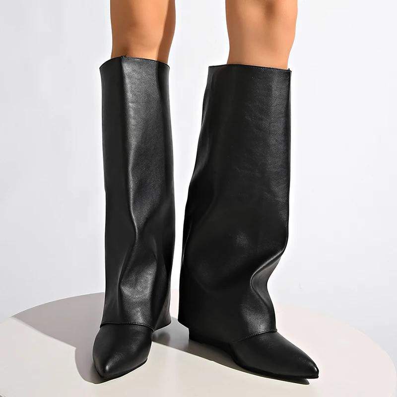 Fashion Women's Sexy Pointed Toe Knee High Boots 2025 Fashion Black Wedge Heel Long Boots Women Wide Leg Pu Leather Riding Botas Mujer