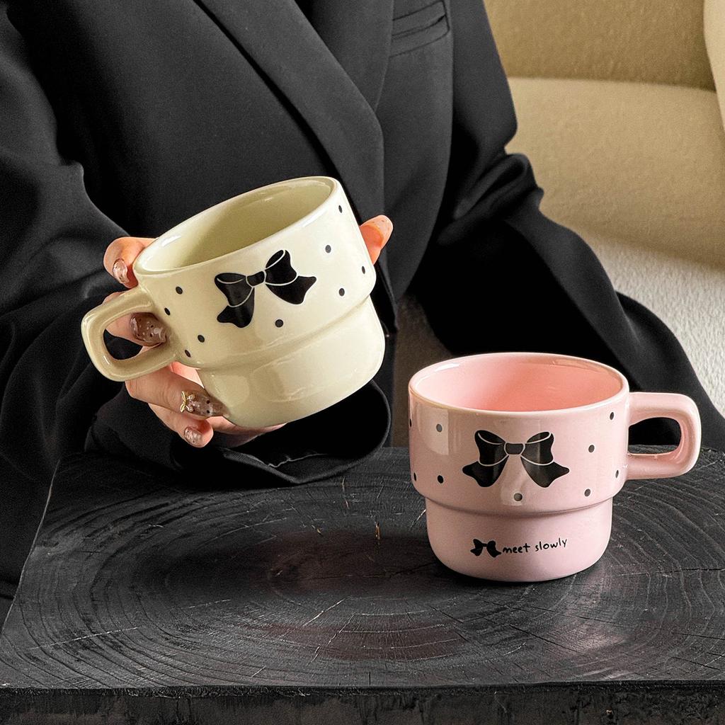 Bow Ins Style High Value Ceramic Stacked Cup Office Girls Coffee Cup Household Ceramic Coffee Cup Plate