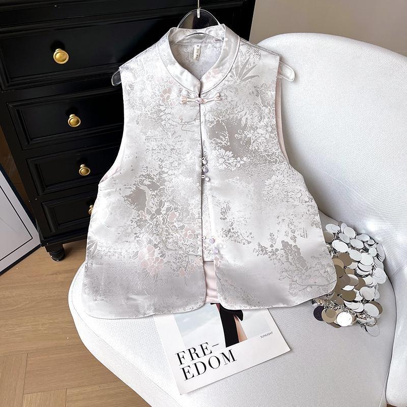 

2025 темпераментный универсальный жилет женский высококлассный жаккардовый топ без рукавов на пуговицах со стойкой 2XL ([Recommended 125-69 kg])