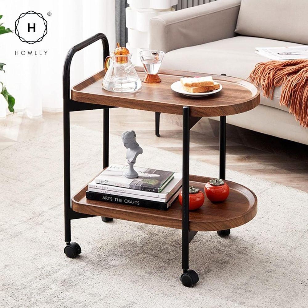 Homlly 2-Tier Walnut Mobile Rolling Kitchen Trollery Cart with Wheels